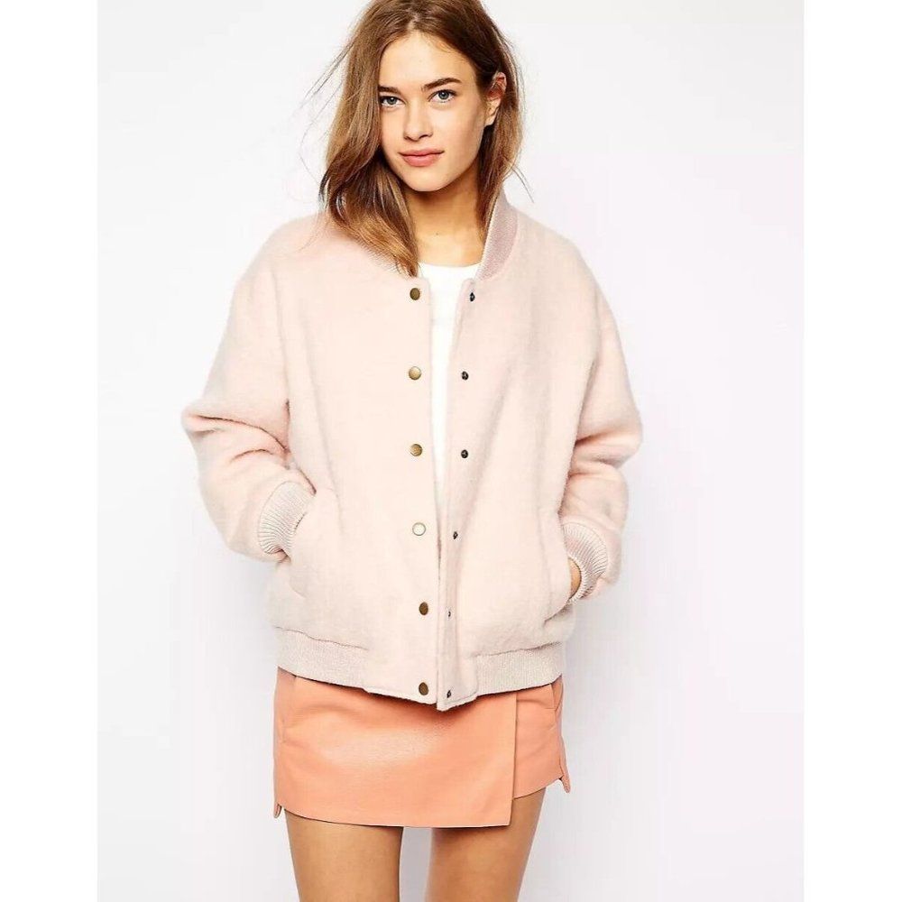 GANNI Inglewood Rose Smoke Pink Furry Wool Blend Varsity Bomber Jacket, Size L - Picture 1 of 15